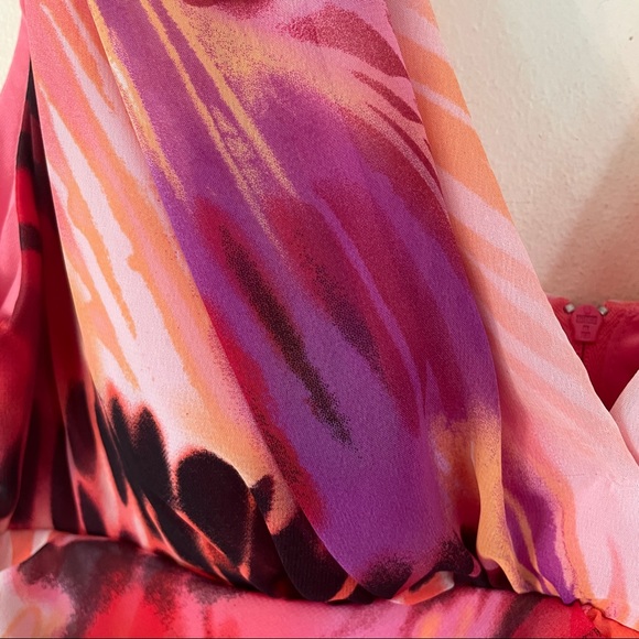 EUC Bisou Bisou Chiffon Abstract Dress sz 14 Peach Black Red Ivory Party Wedding - Picture 3 of 5